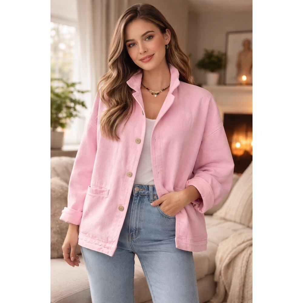 By Taylor USA Pink Cotton Jacket Oversized Cozy Button Front L/XL